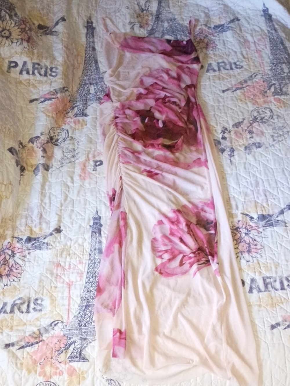 Pink /Tan Floral Maxi Dress - Sleeveless Ruched Design Size Small By Open Edit